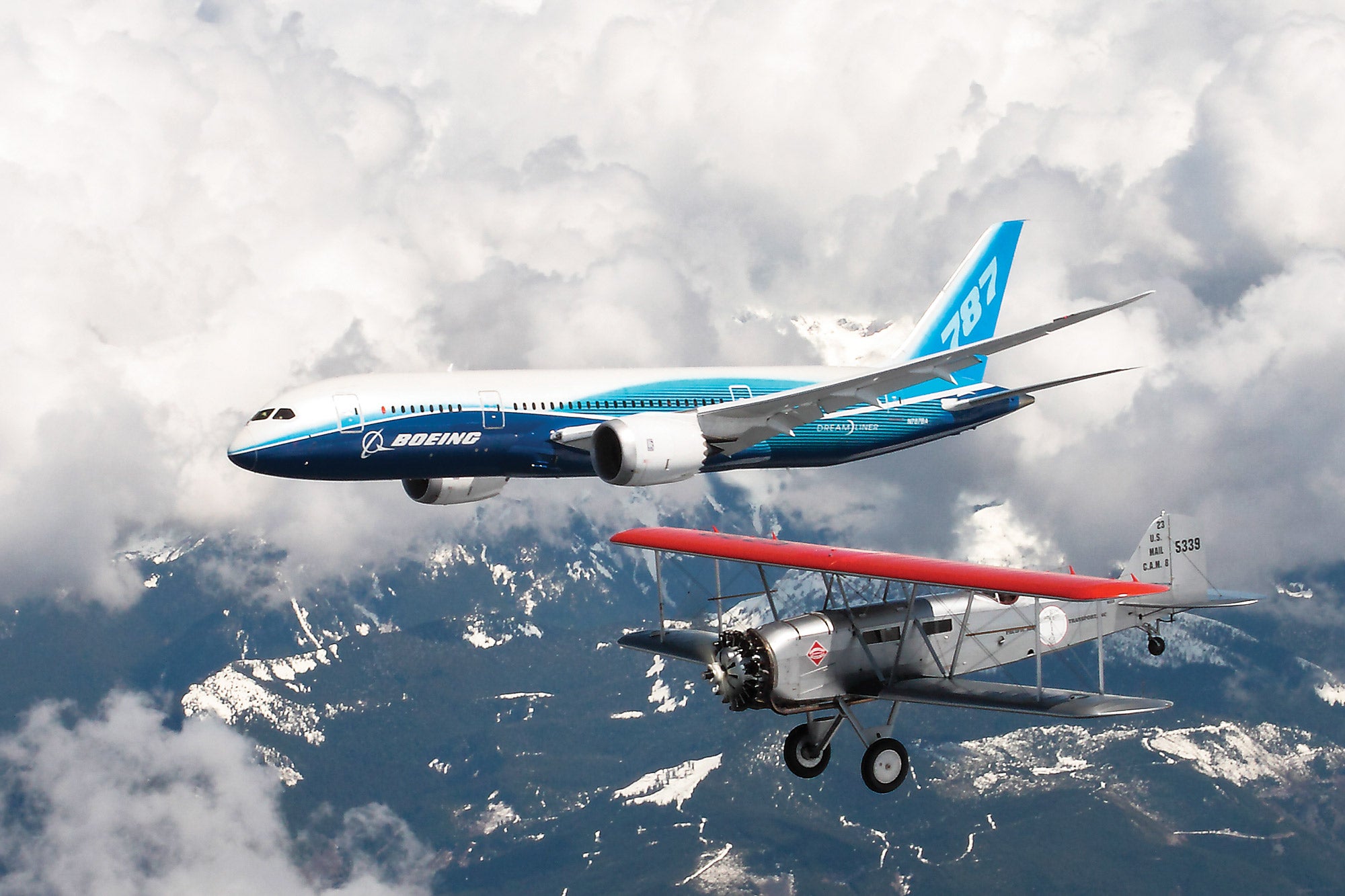 Boeing 40C in formation with Dreamliner ZA001