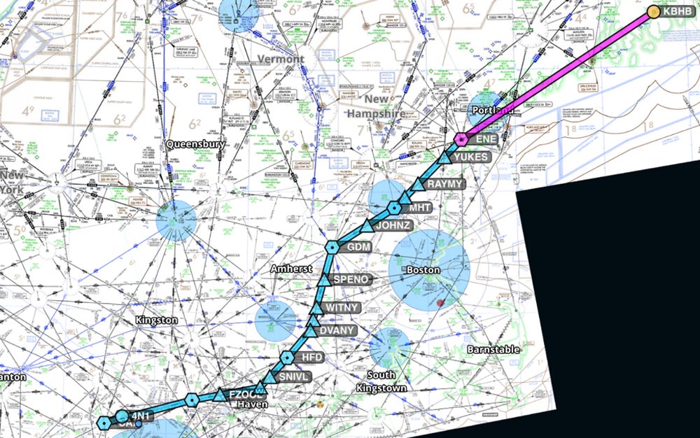 Foreflight chart showing the original clearance issued by Bangor Approach.