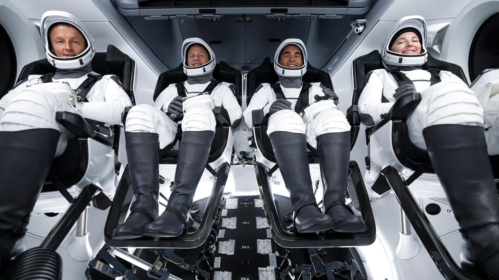 From left, astronauts Matthias Mauer, Tom Marshburn, Raji Chari and Kayla Barron will stay aboard the International Space Station for six months.