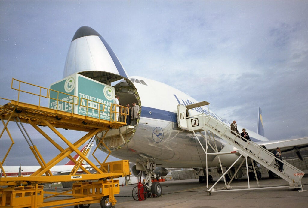 Lufthansa Boeing 747-200 being loaded through its nose door